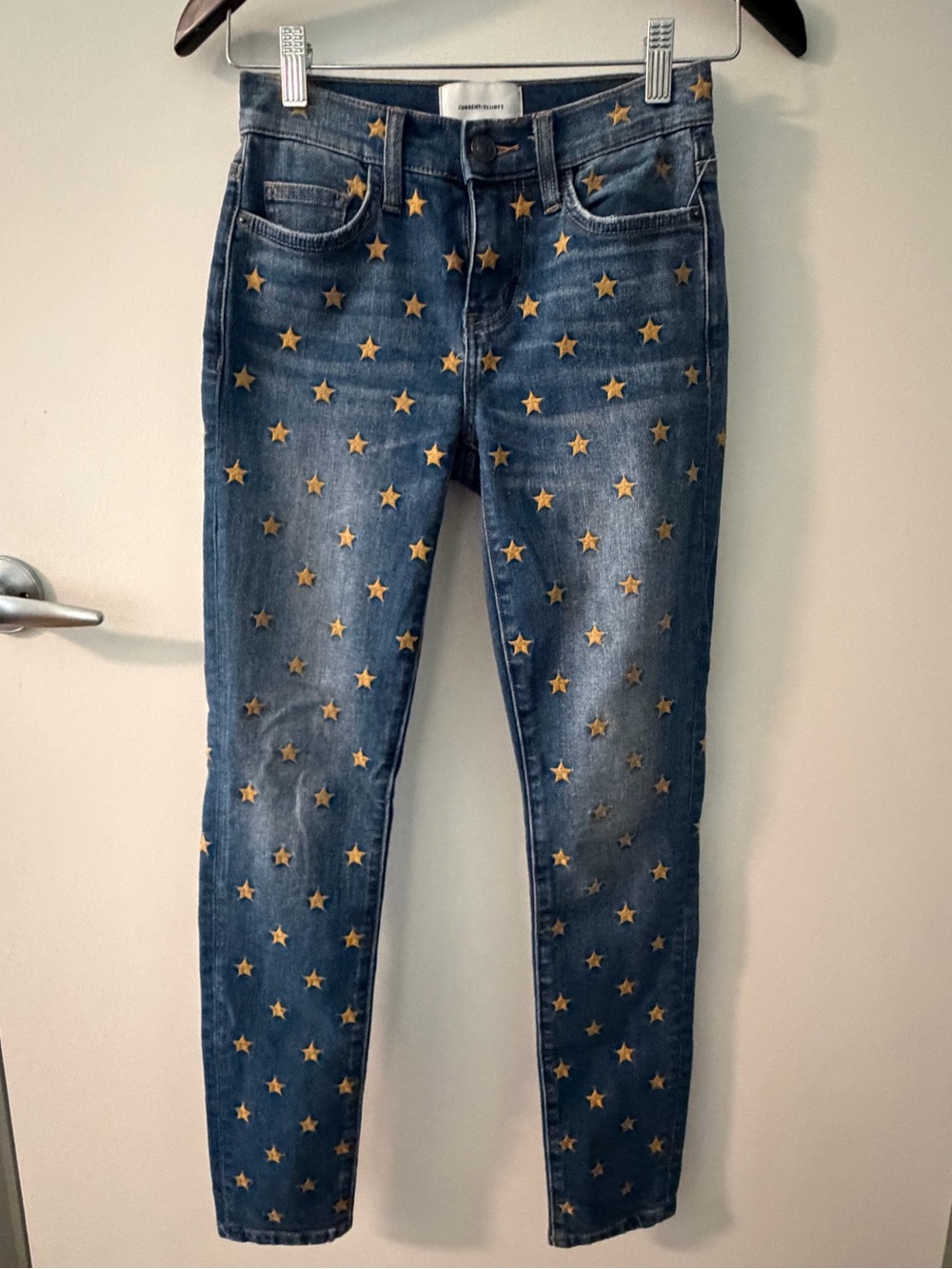 Current/Elliott Blue Denim Skinny Jeans with embroidered Gold Stars size 23